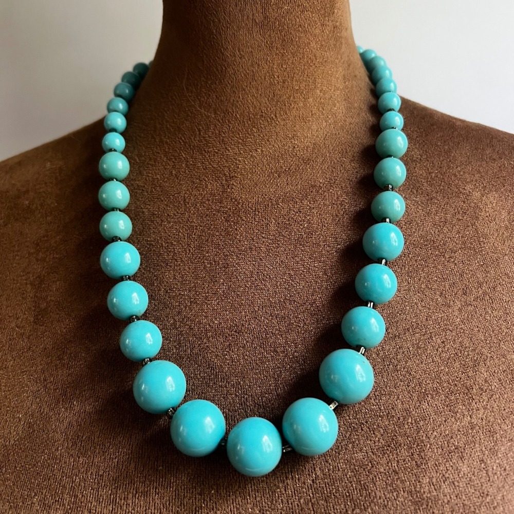 Vintage Turquoise Blue Beaded Graduated Statement Necklace 24" Coastal